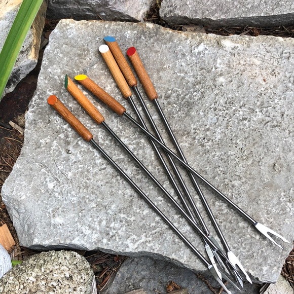 Set of Six Fondue Forks-Gently Used-Vintage Item-Wooden Handles - Picture 2 of 10